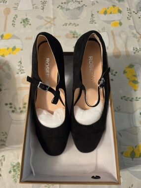 Black Suede T-Strap Block Heels